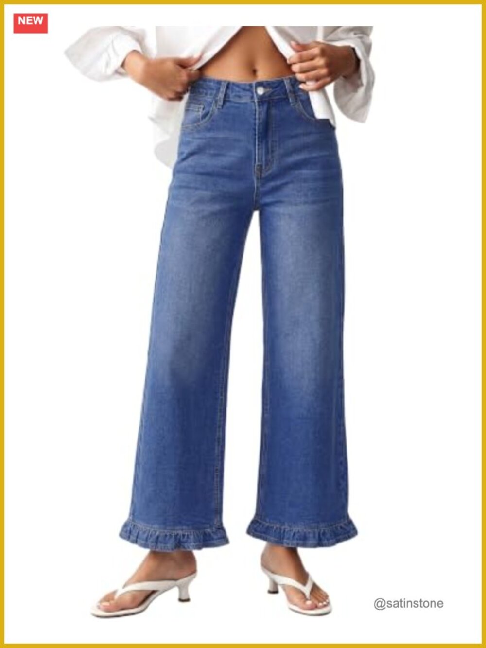 High Waisted Wide Leg Cropped Jeans with Ruffle Hem - Stretch Denim